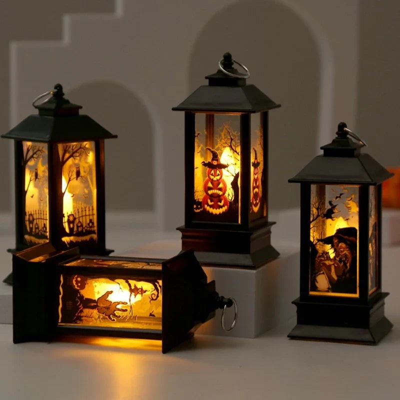 Retro Halloween hanging LED lantern with a glowing spooky scene