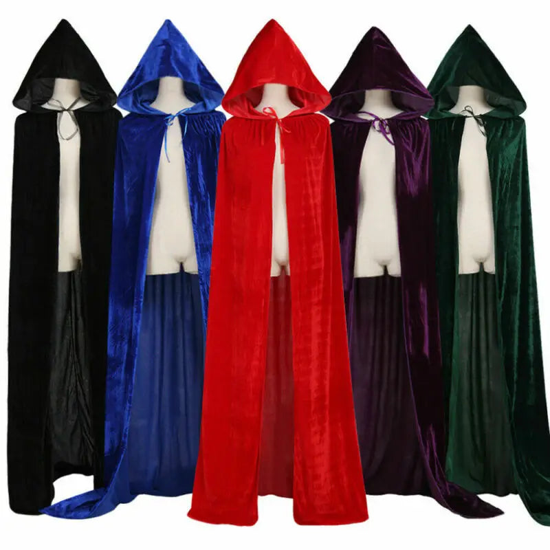 Velvet Hooded Vampire Cloak – Full-Length 170 cm Halloween Cape for Adults, 5 Colors