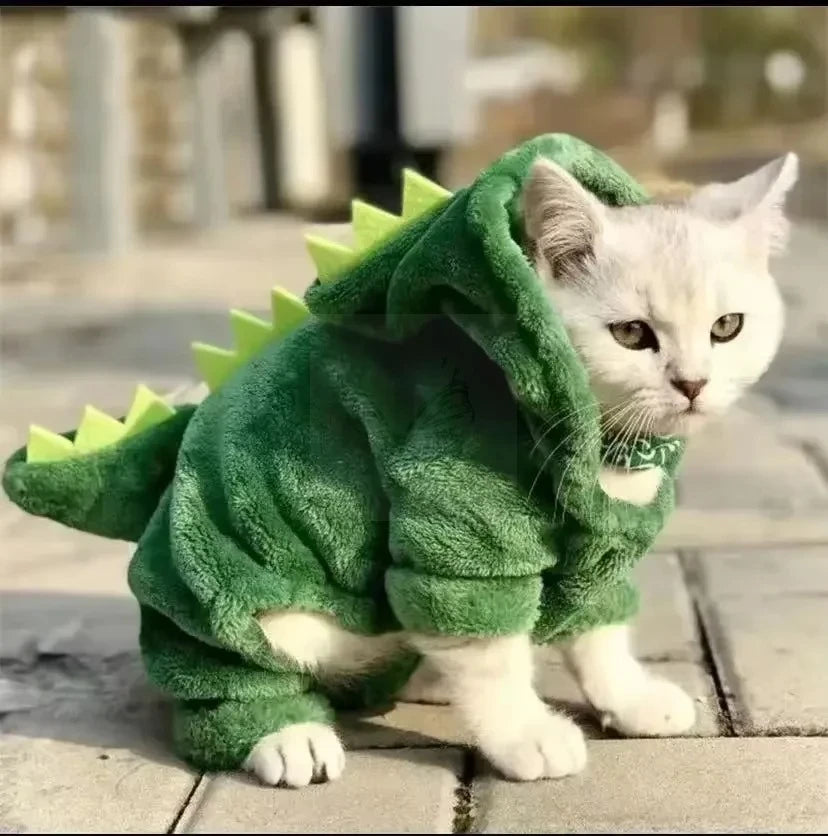 Dinosaur Pet Costume Hoodie – Warm Fleece Dino Coat for Cats & Small Dogs | Funny Halloween Outfit & Winter Sweater