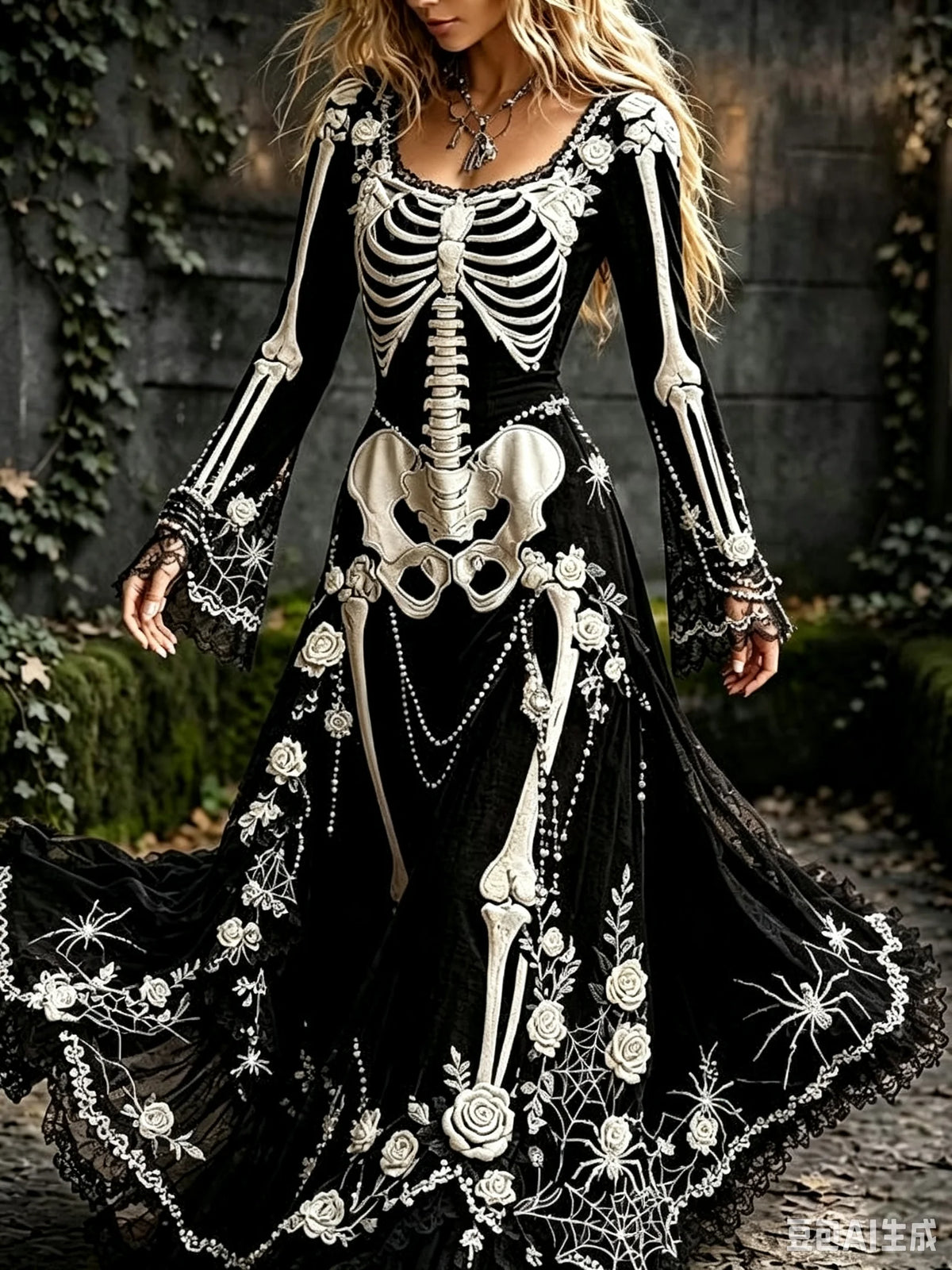 Women's Gothic Skull & Rose Maxi Dress – photo 12