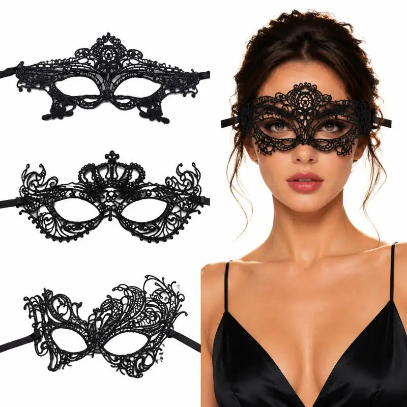 Black Lace Venetian Masquerade Eye Mask – Adjustable Ribbon Tie, Halloween & Carnival Party Mask, 7 Styles
