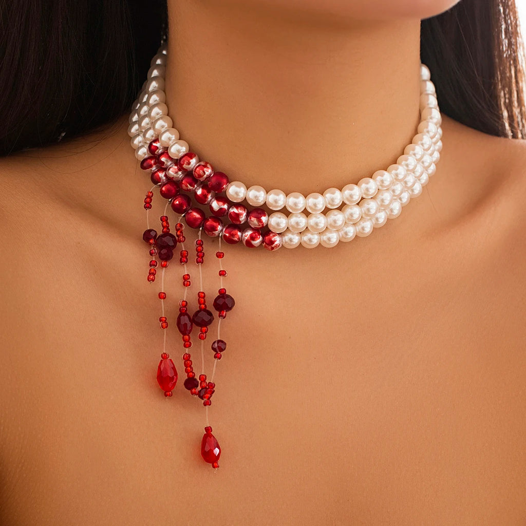 Gothic Blood Drop Pearl Tassel Necklace – Multilayer Vintage Halloween Choker for Women