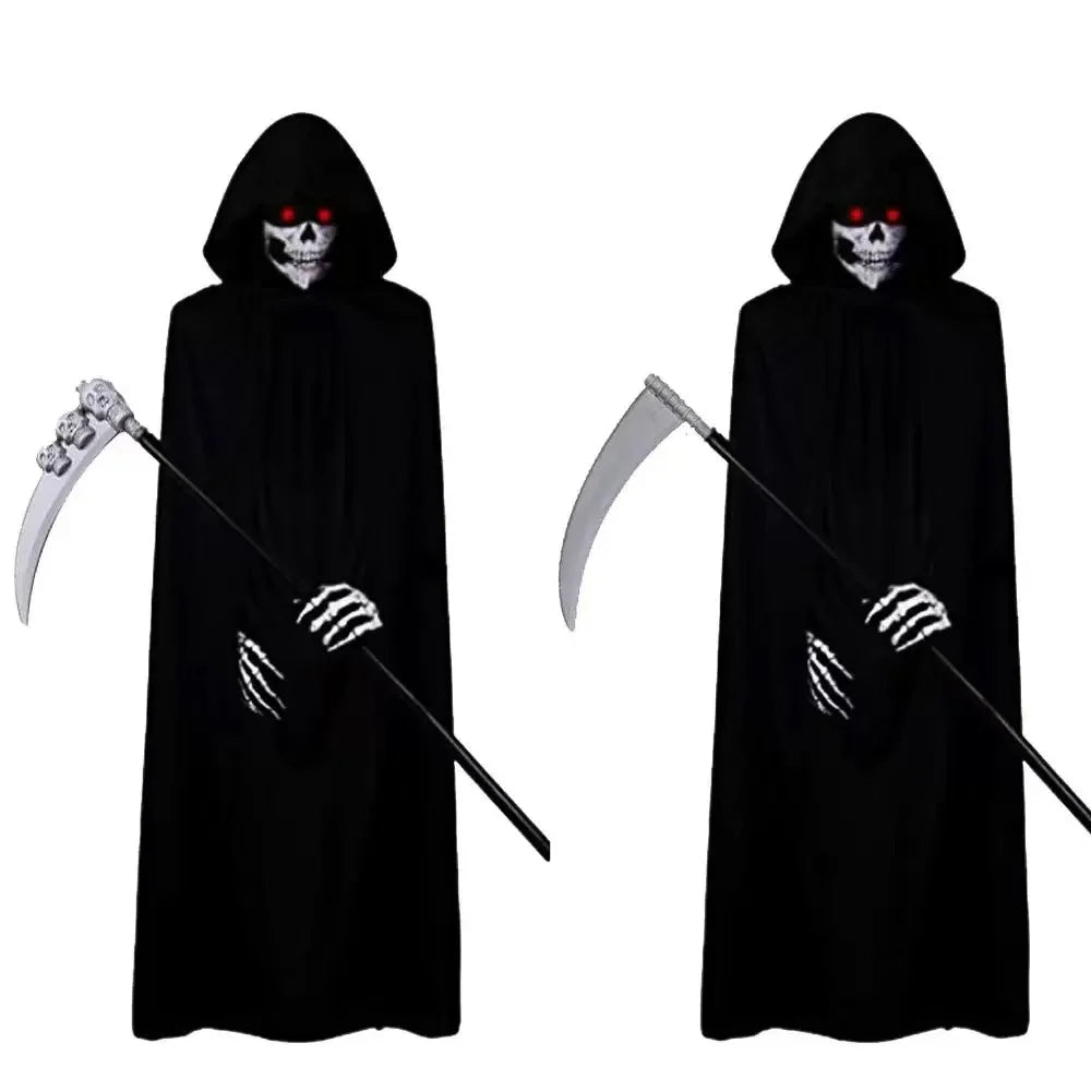 Grim Reaper Death Cloak Costume Set – Black Hooded Robe with Skull & Skeleton Props, Halloween Cosplay