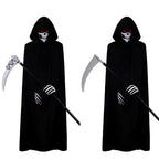 Grim Reaper Death Cloak Costume Set – Black Hooded Robe with Skull & Skeleton Props, Halloween Cosplay