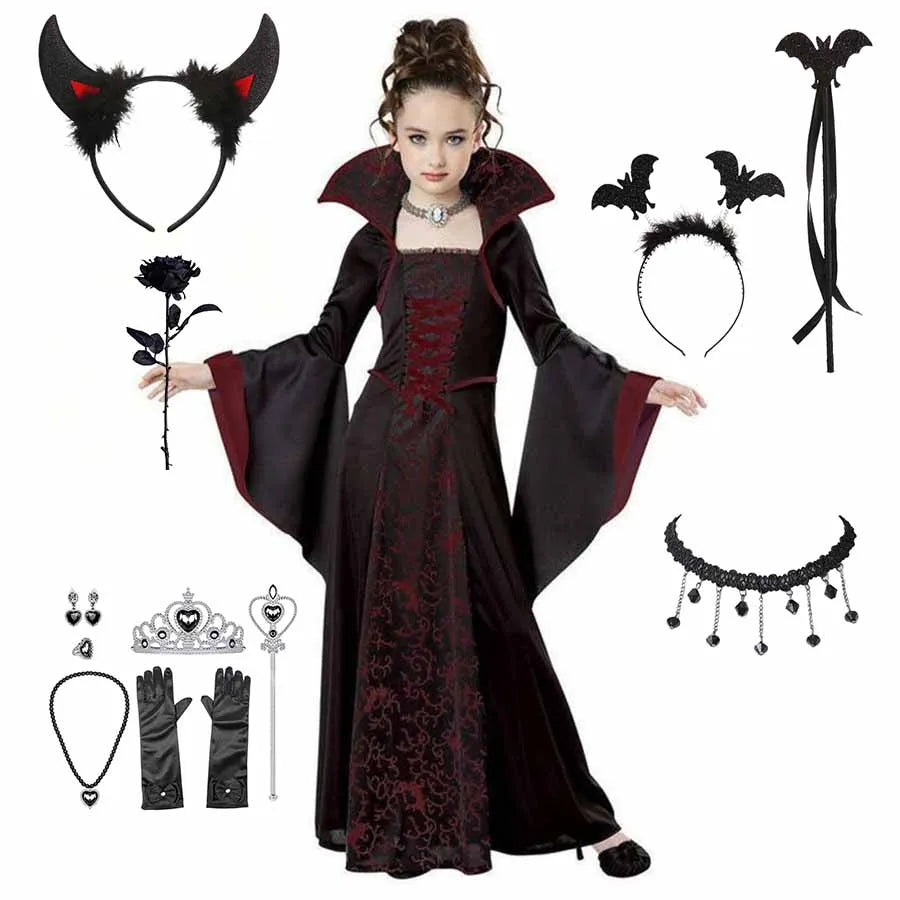 Girls Vampire Tutu Dress Costume – Gothic Long Tulle Halloween Dress with Feather Details, 10 Colors