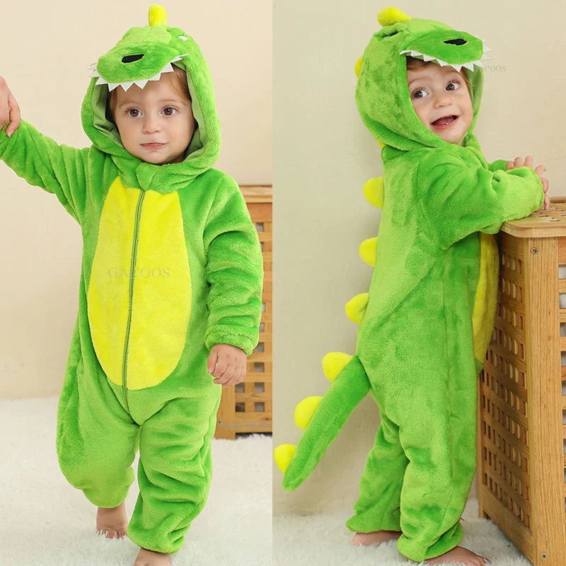 Baby Animal Kigurumi Romper Costume – Warm Flannel Hooded Onesie, Dinosaur, Dragon, Unicorn & More, 0–4T