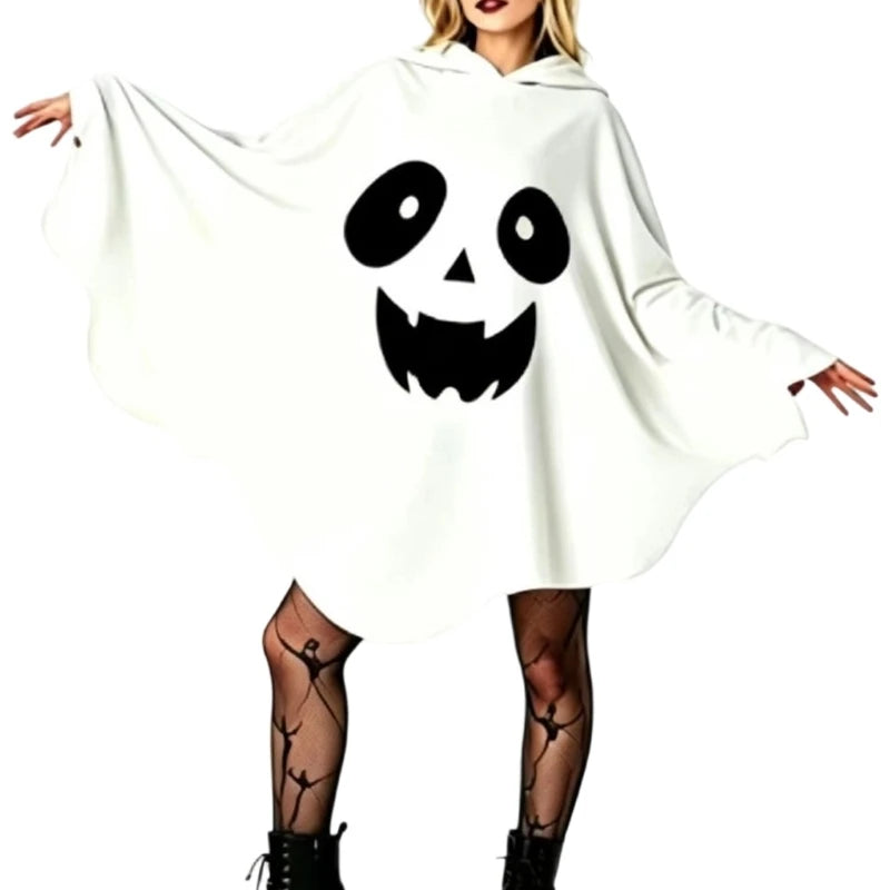 Hooded Ghost Poncho Costume – White Loose-Fit Halloween Cloak with Black Face Print, One Size