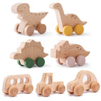 Wooden Dinosaur & Car Teether Toy – Montessori Beech Wood Rolling Baby Toy for Infants & Toddlers