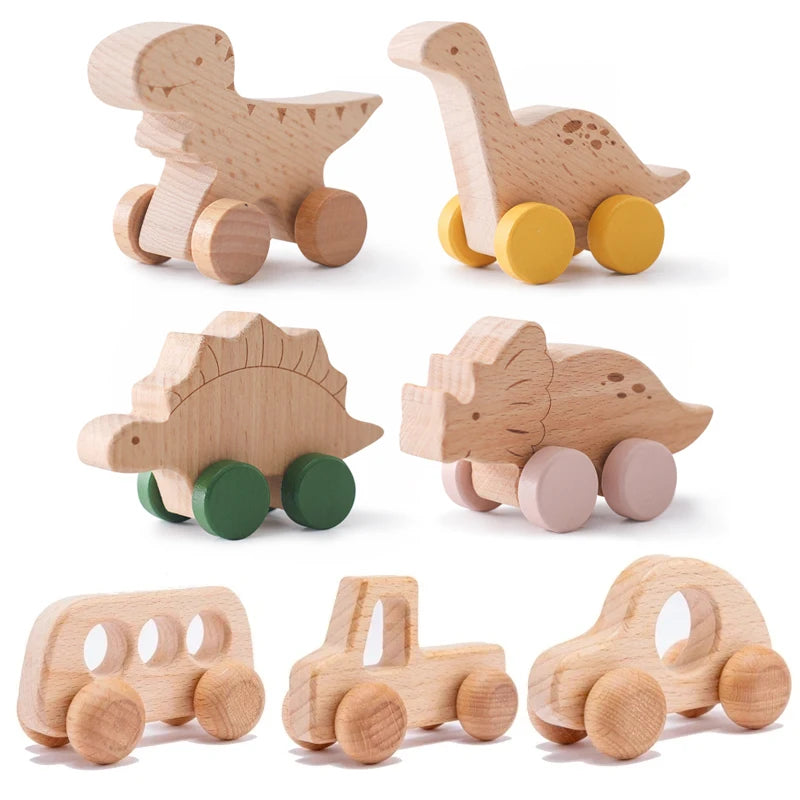 Wooden Dinosaur & Car Teether Toy – Montessori Beech Wood Rolling Baby Toy for Infants & Toddlers