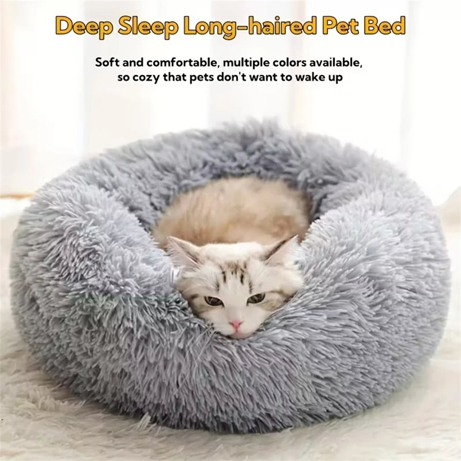 Calming Donut Pet Bed – Soft Long Plush Round Bed for Cats & Small to Medium Dogs, Washable, 40–70 cm