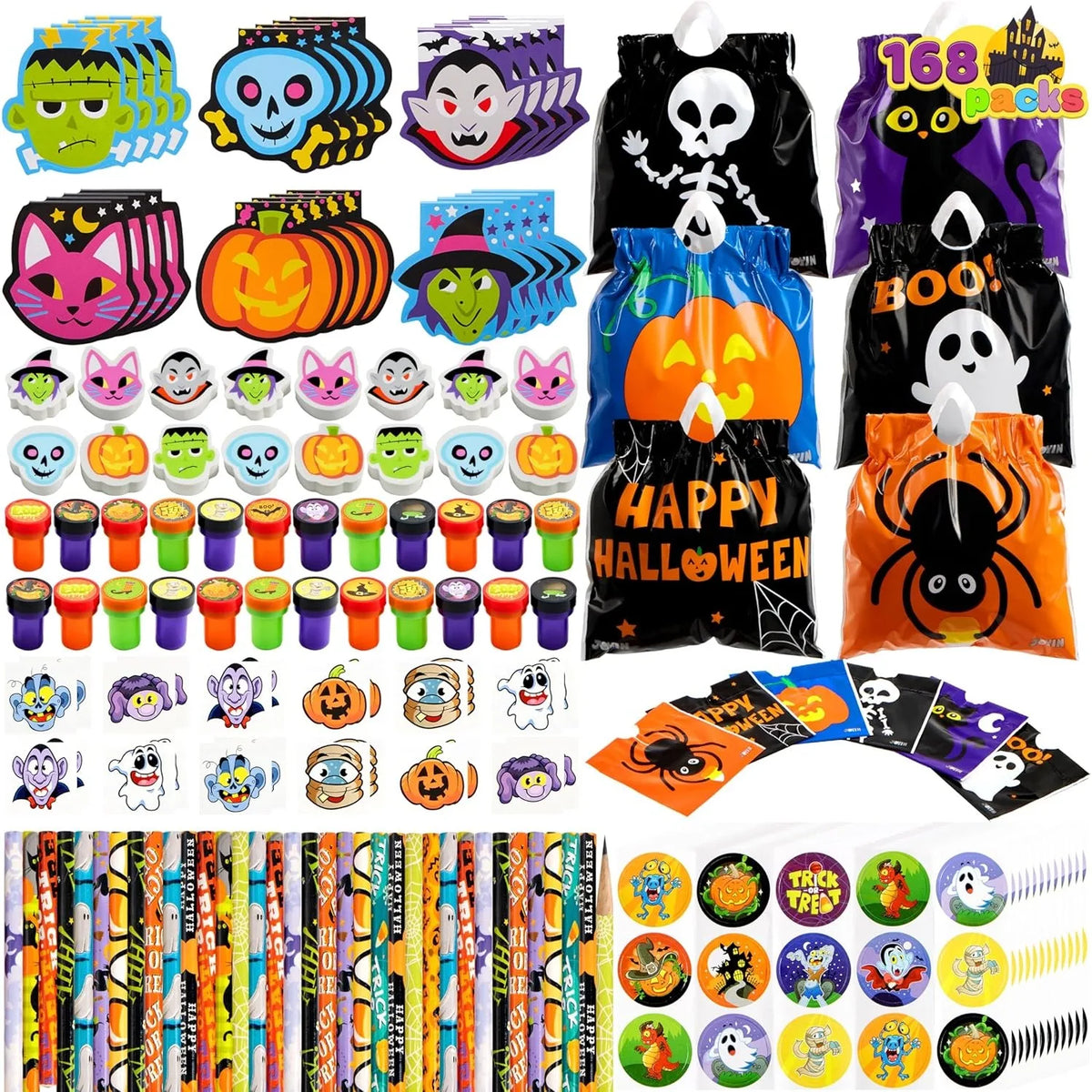 168-Piece Halloween Stationery Party Favor Set – 24 Trick-or-Treat Bags with Notepads, Stamps, Pencils, Stickers & Erasers