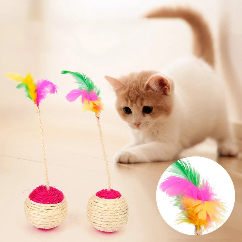 Sisal Feather Shuttlecock Cat Toy – Interactive Scratch Ball with Colourful Feathers | Claw-Grinding Chase Toy for Indoor Cat
