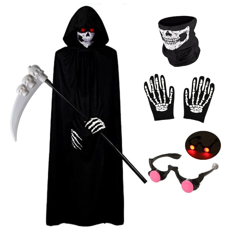 Kids Grim Reaper Costume with Glowing Red Eyes – Hooded Robe, Mask, Skeleton Gloves & Scythe, Halloween