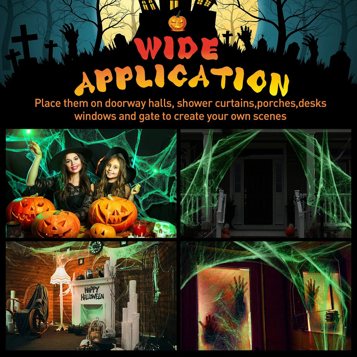 Glow-in-the-Dark Stretch Spider Web with Spiders – halloween decor photo 3