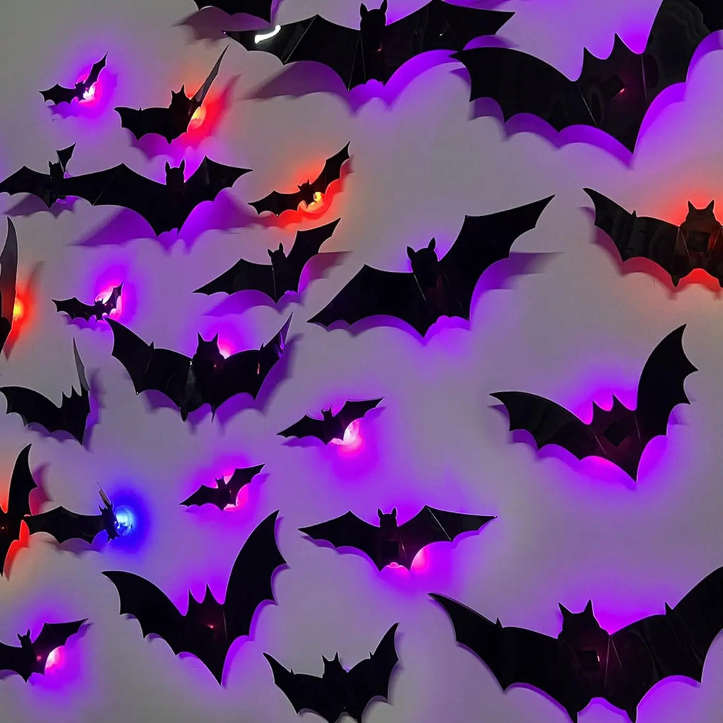 Halloween LED 3D Bat & Spider Wall Stickers – Glowing Light-Up Decorations, Self-Adhesive, 9 to 48 Pcs