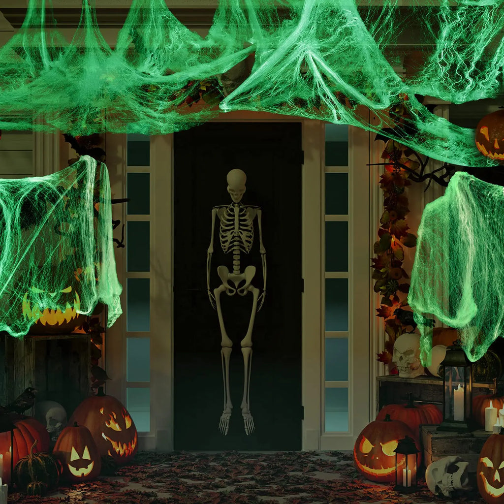 Glow-in-the-Dark Stretch Spider Web with Spiders – halloween decor photo 6