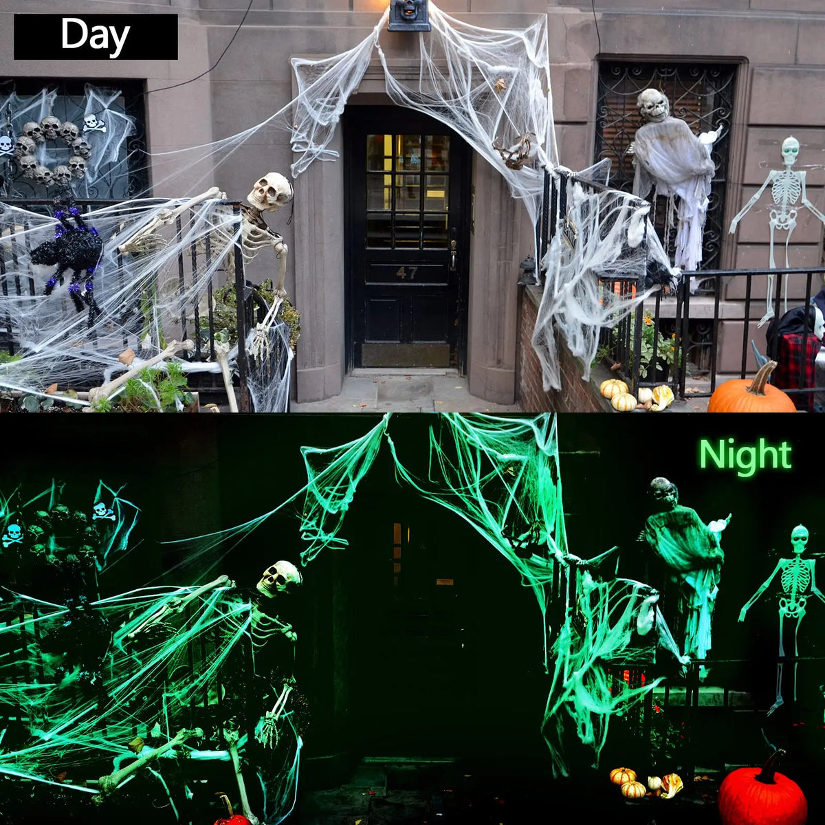 Glow-in-the-Dark Stretch Spider Web with Spiders – halloween decor photo 2