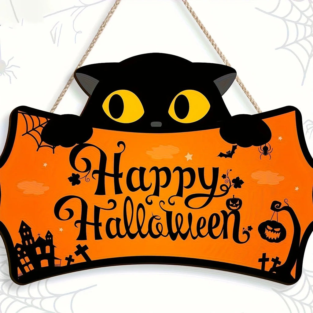 Black Cat Happy Halloween Wooden Door Sign – Pumpkin, Bat & Spider Hanging Plaque for Porch Decor, 4 Styles