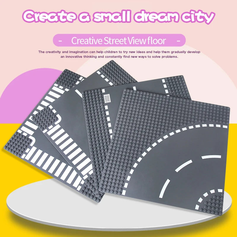 City Road Baseplate for Building Bricks – Street & Traffic Road Plate Compatible with Major Brick Brands, 4 Styles