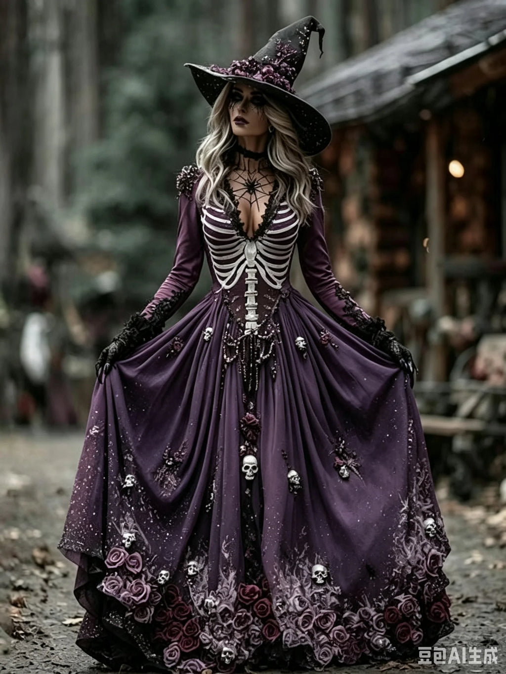 Women's Gothic Skull & Rose Maxi Dress – photo 17