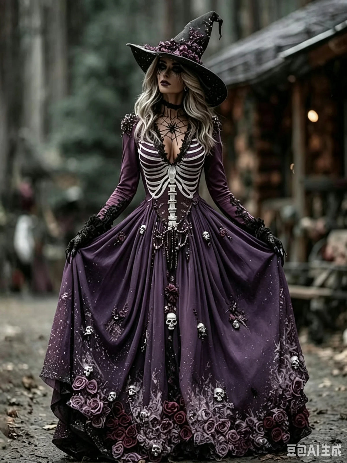 Women's Gothic Skull & Rose Maxi Dress – photo 17