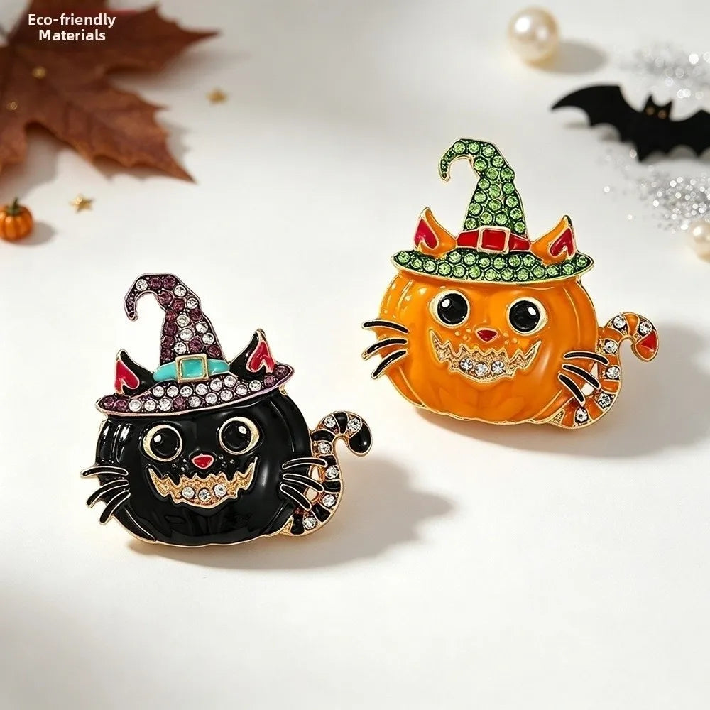 Halloween Cat & Pumpkin Enamel Brooch Pin with Witch Hat – photo 5