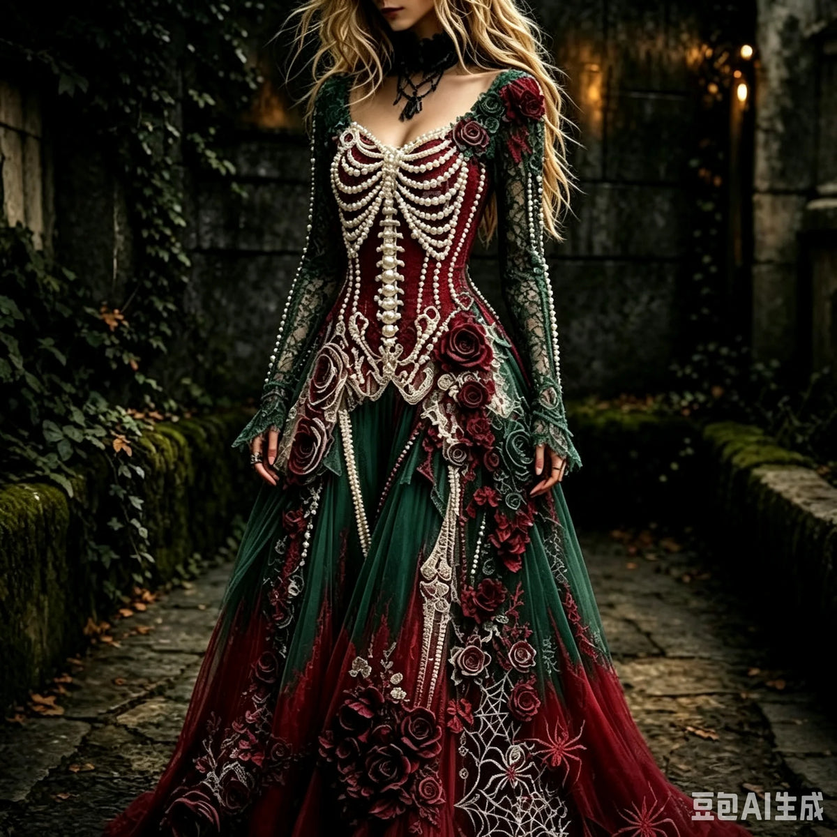Women's Gothic Skull & Rose Maxi Dress – photo 7