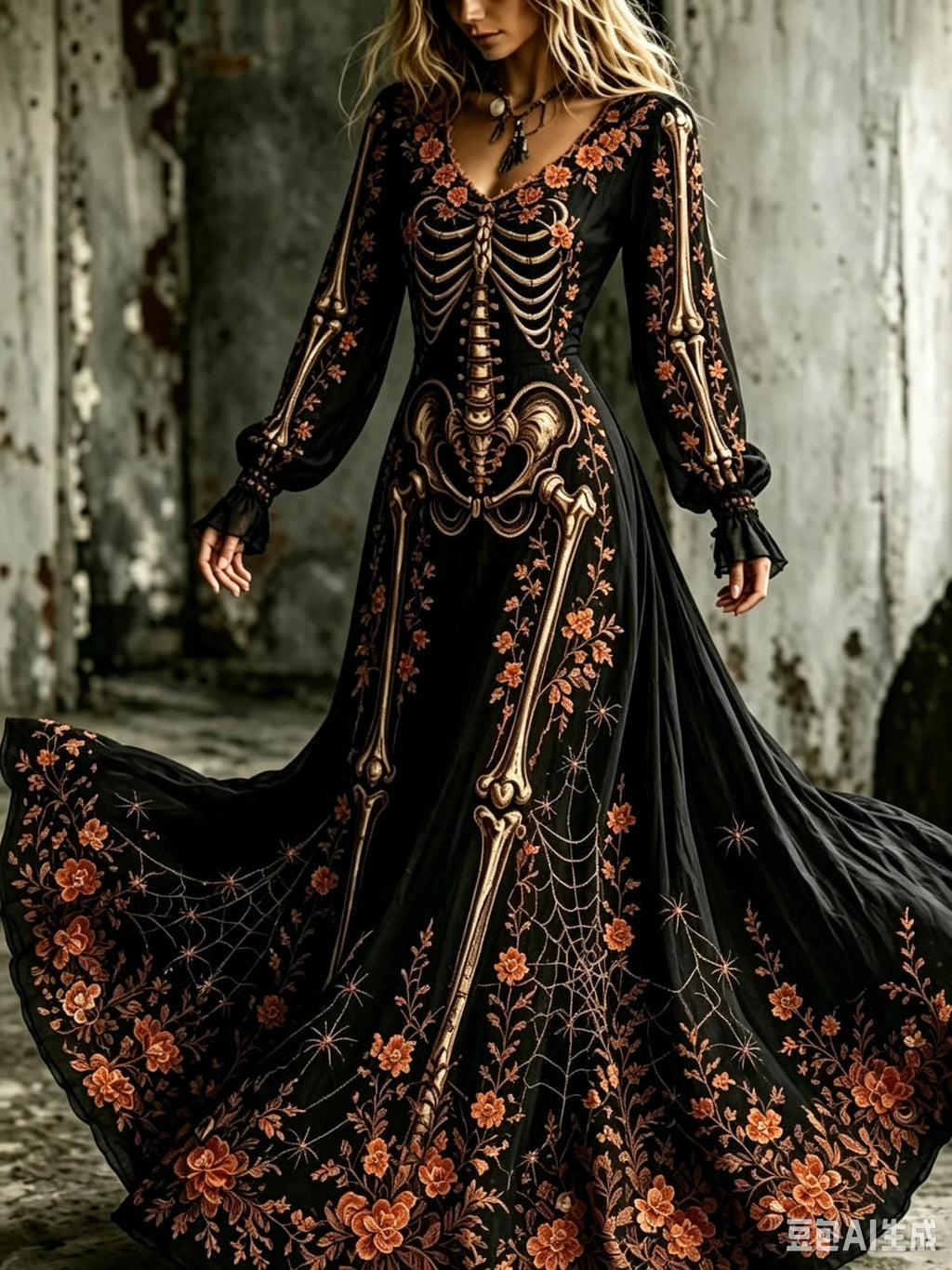 Women's Gothic Skull & Rose Maxi Dress – photo 5