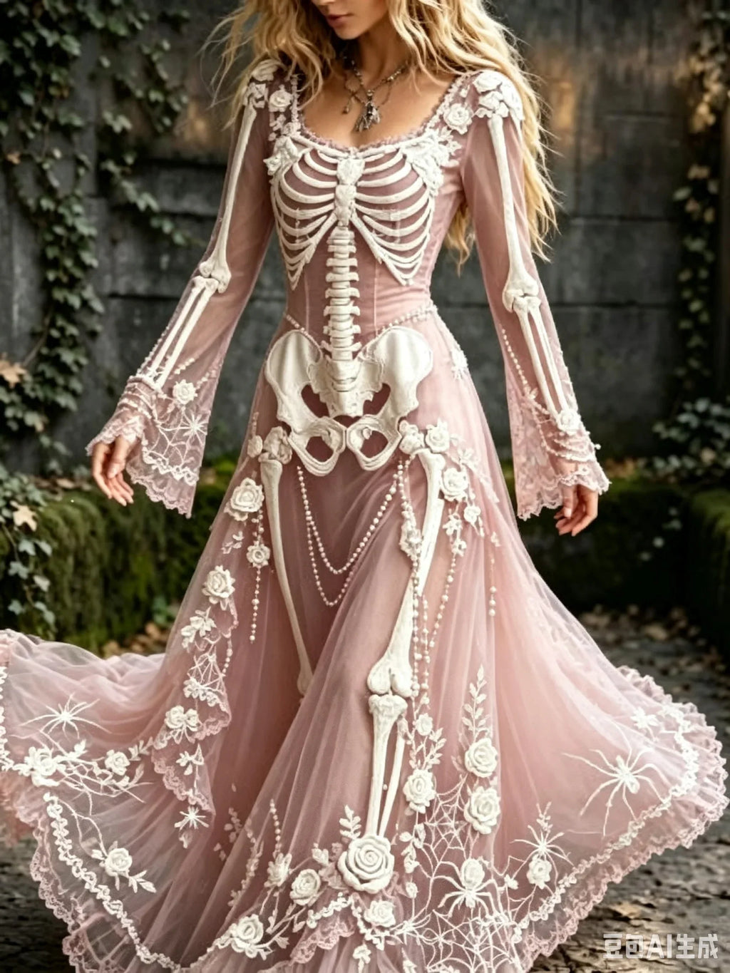 Women's Gothic Skull & Rose Maxi Dress – Vintage Long-Sleeve Witch Dress for Halloween, 25 Patterns, S–5XL