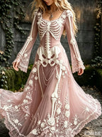 Women's Gothic Skull & Rose Maxi Dress – Vintage Long-Sleeve Witch Dress for Halloween, 25 Patterns, S–5XL