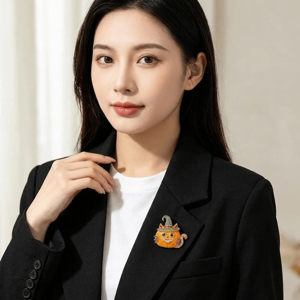 Halloween Pumpkin Cat Brooch Pin – Witch Hat Enamel Pin with Rhinestones, Orange or Black