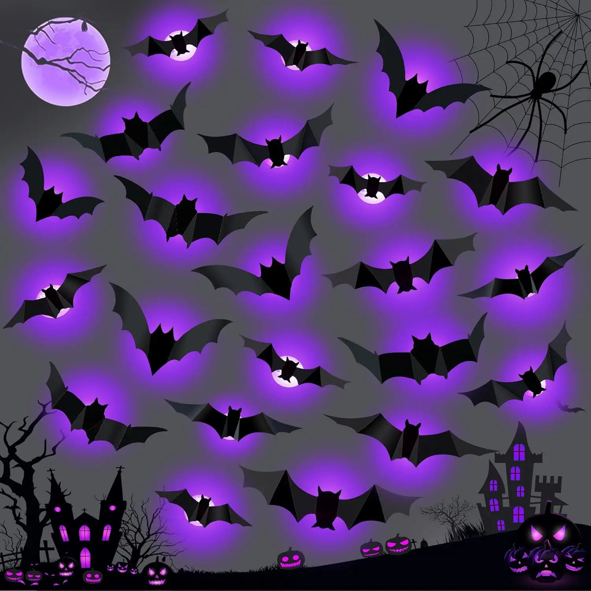 Halloween LED 3D Bat & Spider Wall Stickers – halloween decor photo 2