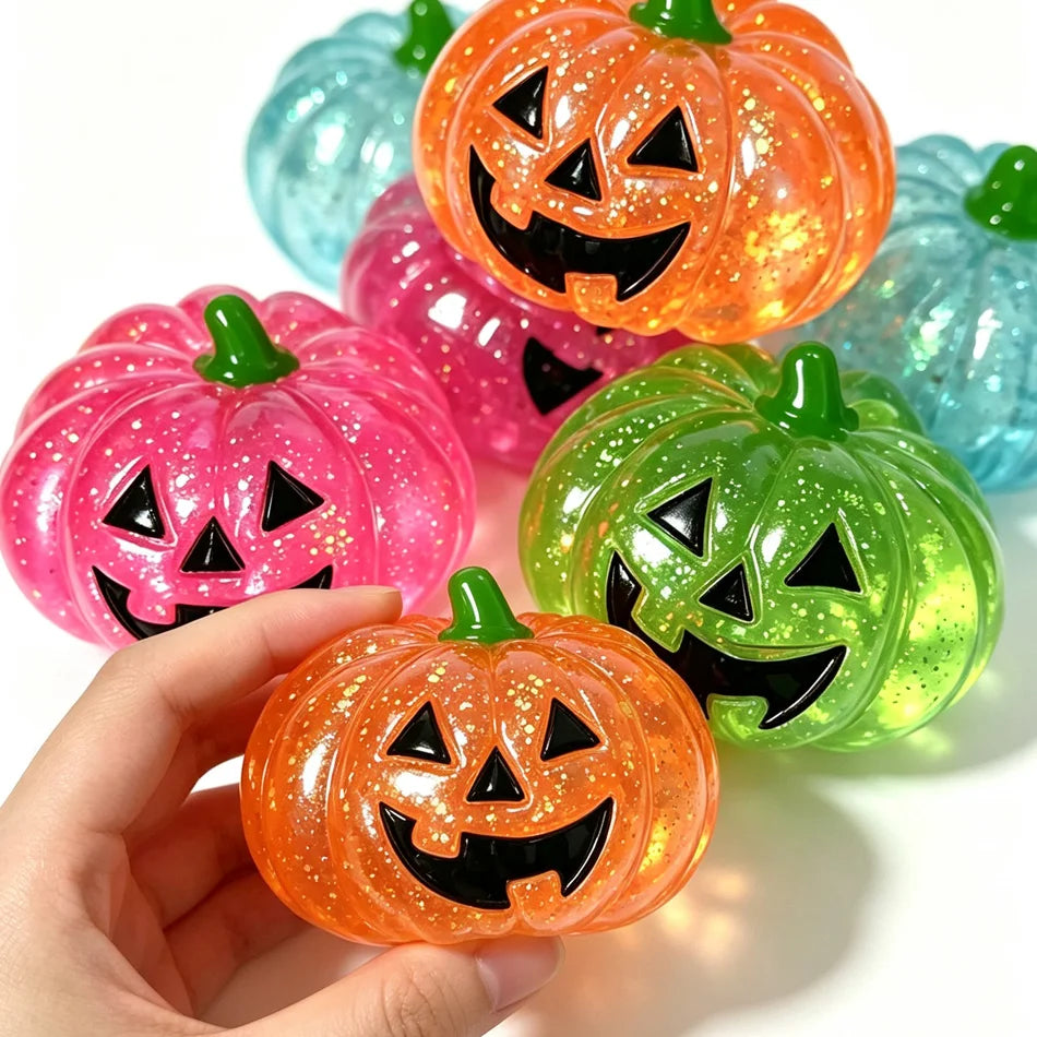 Glitter Pumpkin Squishy Balls – Slow-Rebound Halloween Stress Relief Squeeze Toys, Single or 4-Pack