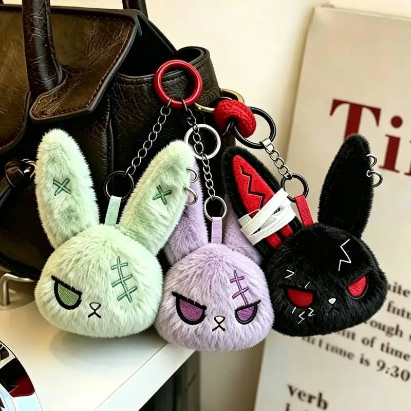 Gothic Bunny Plush Keychain – Creepy-Cute Bandaged Rabbit & Black Cat Bag Charm, Halloween Gift
