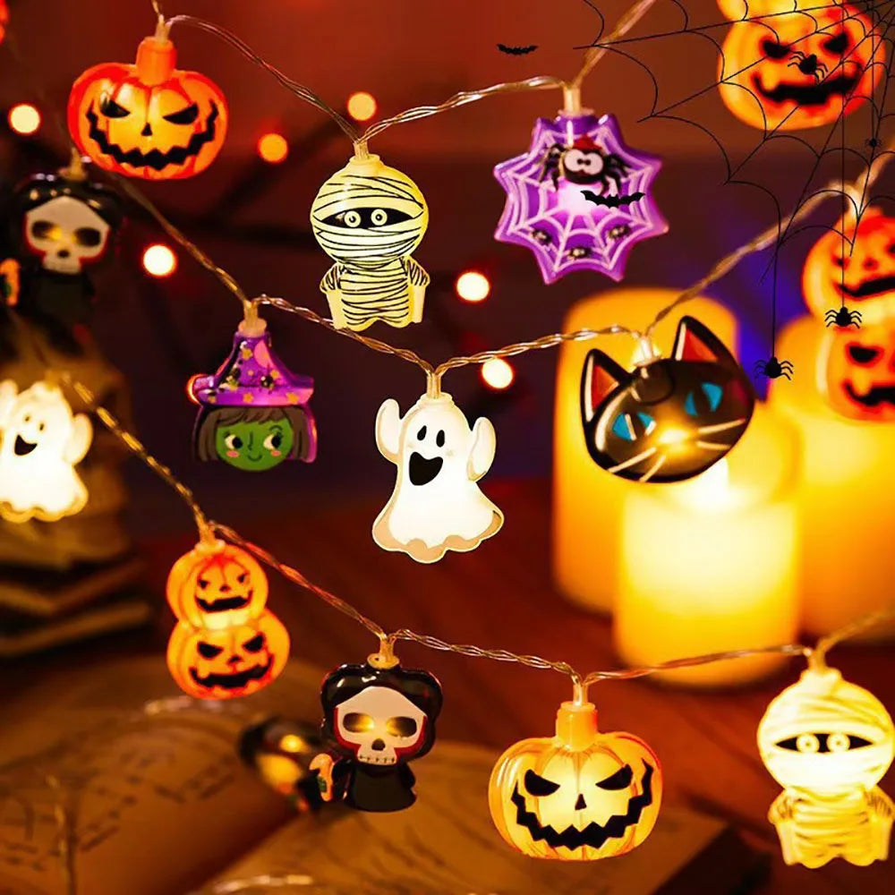 Halloween LED String Lights – Pumpkin, Ghost & Spider Web Hanging Lantern Lights, 1.5 m or 3 m