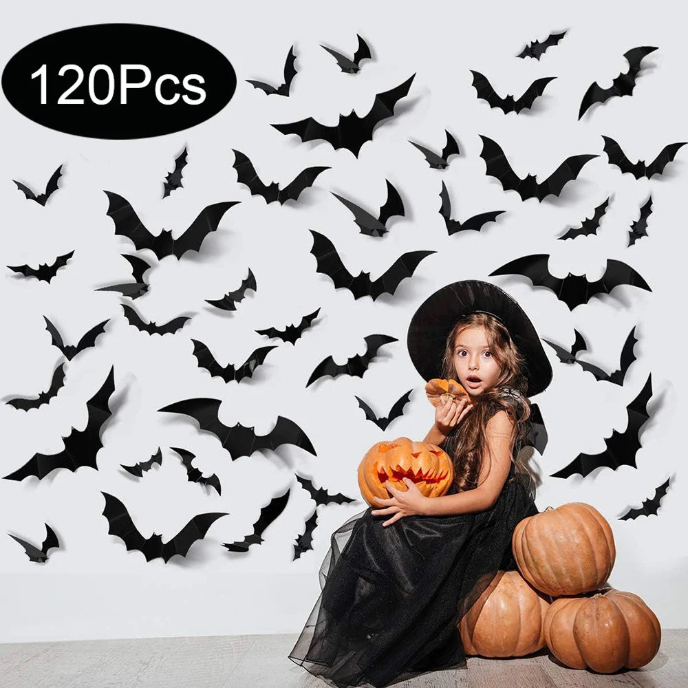 3D Black Bat Wall Stickers – Halloween Scary Bat Decorations for Walls & Windows, 12 to 120 Pack
