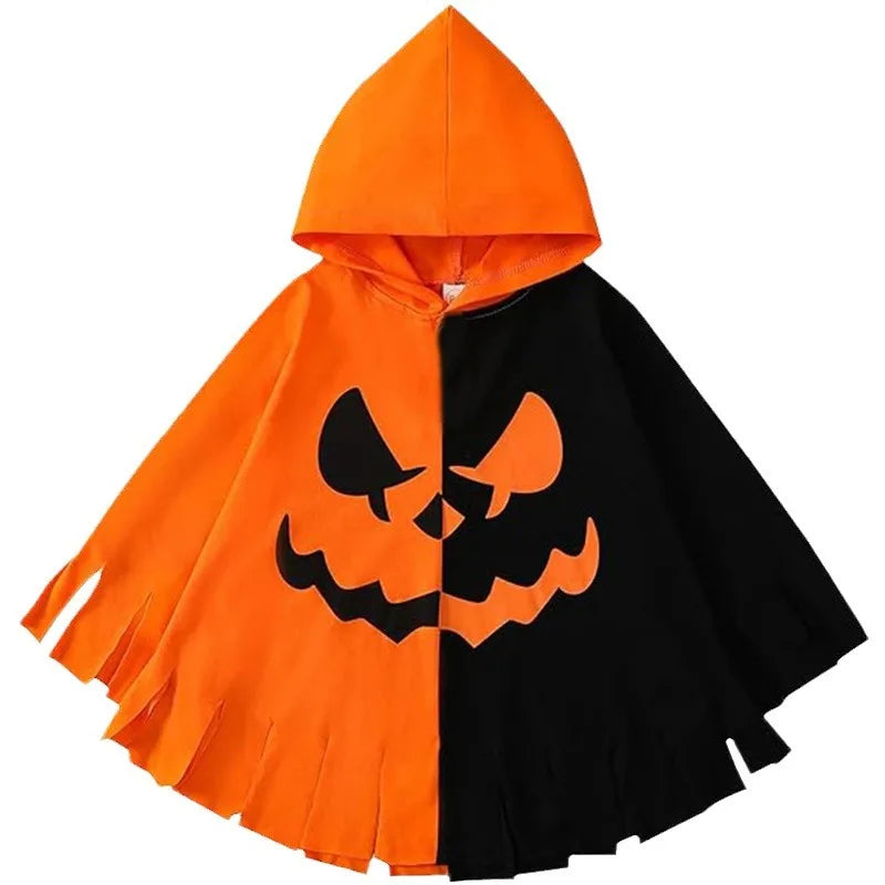 Pumpkin & Bat Halloween Cloak with Hat – Orange Color-Block Costume Cape, Unisex One Size