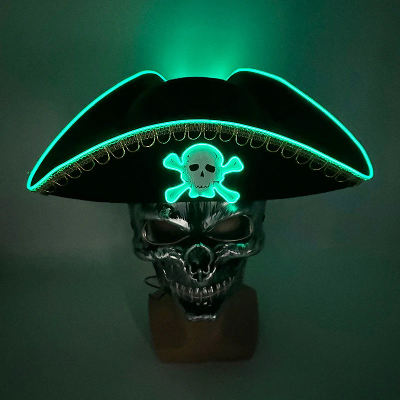 LED Light-Up Pirate Hat & Party Mask – Glowing Tricorn Captain Hat with 4 Light Modes, Halloween Costume