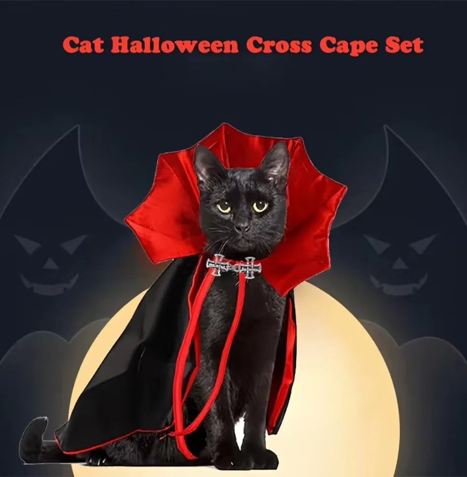 Vampire Cat Costume – Halloween Cloak & Hat Set for Cats and Small Pets