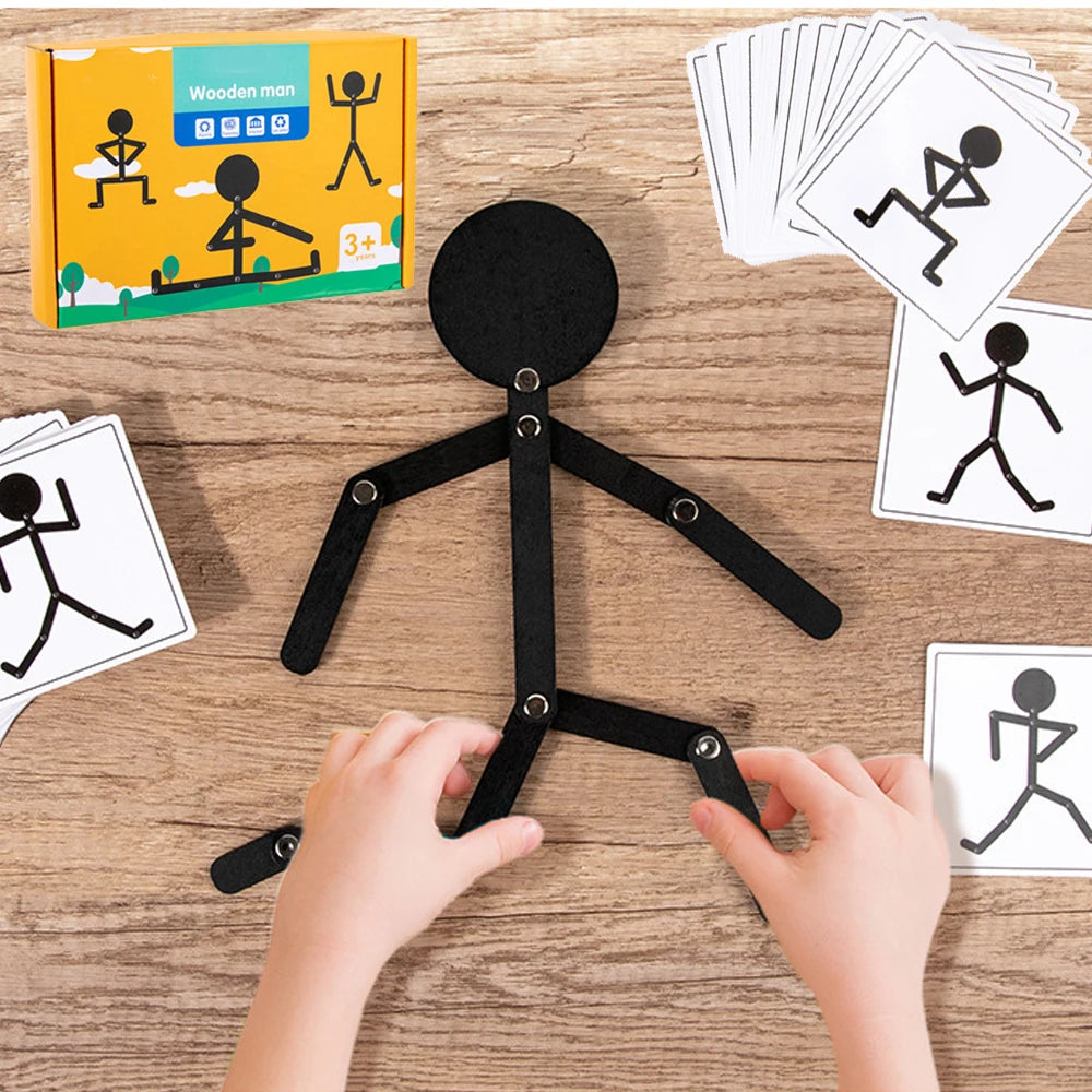 Montessori Pose-Matching Stick Figure Game – Movable Joint Figure with 24 Pose Cards, Fine Motor Toy for Kids 3+