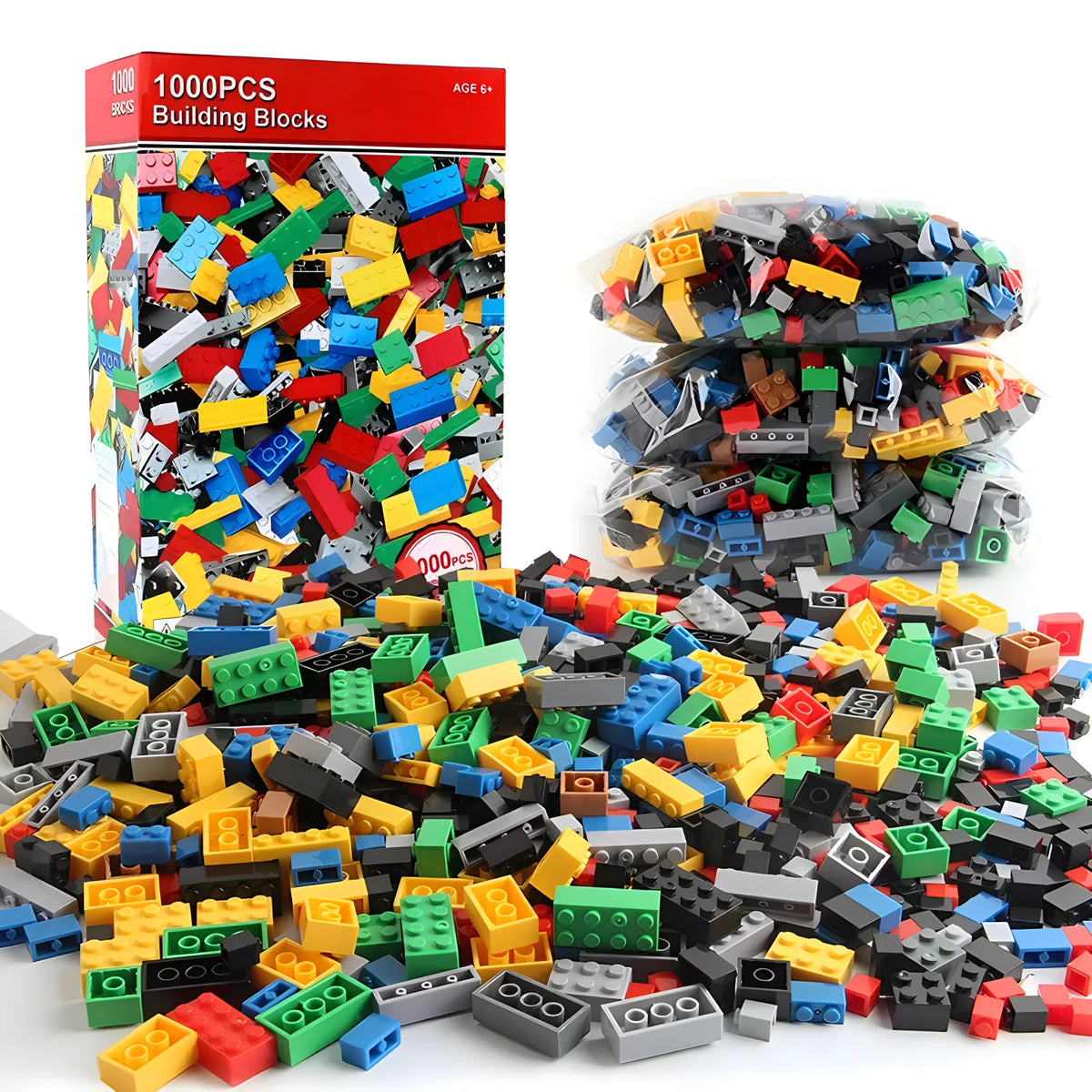Classic Building Bricks Bulk Set – 300, 500 or 1000 Pieces, Random Colors, Compatible with Major Brick Brands