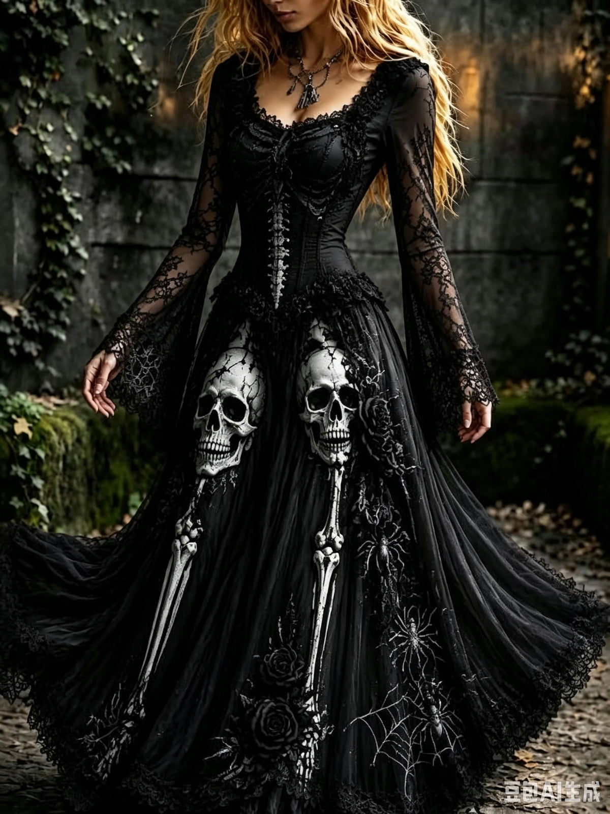 Women's Gothic Skull & Rose Maxi Dress – photo 11