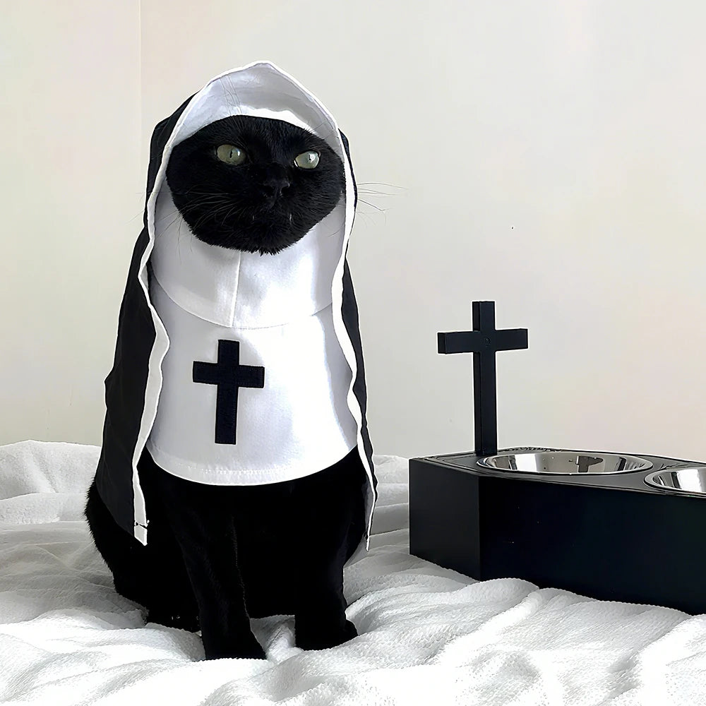 Pet Nun Costume for Cats & Small Dogs – Funny Black Habit Halloween Cosplay Outfit with Cross | Sizes XS–XL