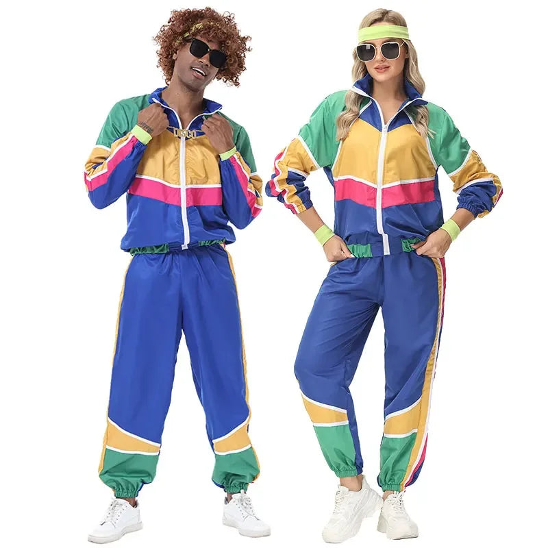 70s Retro Hippie Costume for Couples – Men's & Women's Disco Outfit with Top, Pants, Headband & Wristbands